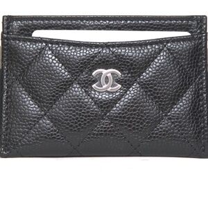 CHANEL Black Caviar Card Holder Wallet Case Quilted Diamond Silver HW BNIB